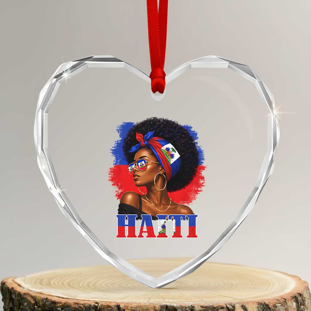 Haitian Queen Afro Melanin Graphic Heart Crystal Glass Ornament Haiti Flag Heritage Pride