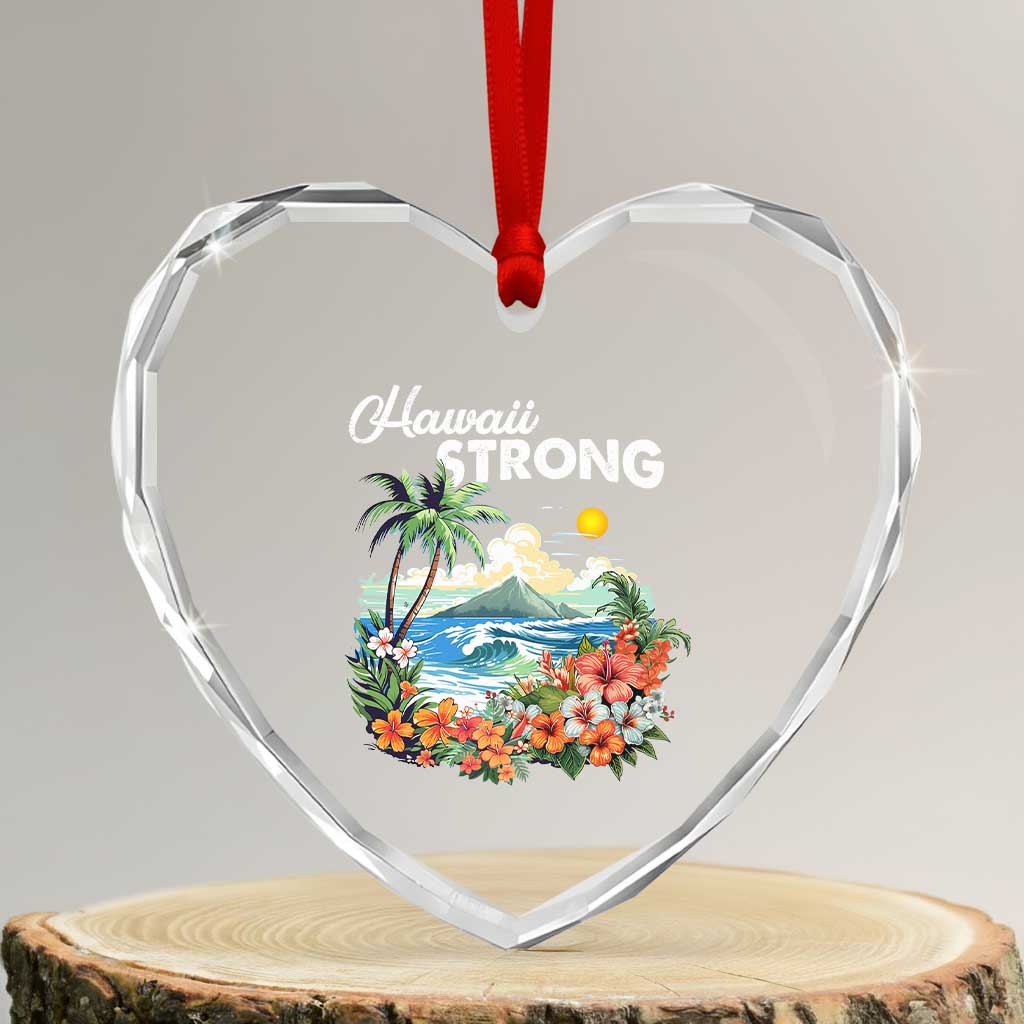 Hawaii Strong Hawaiian Islands Support Heart Crystal Glass Ornament Sunset Tropical Hibiscus Flowers