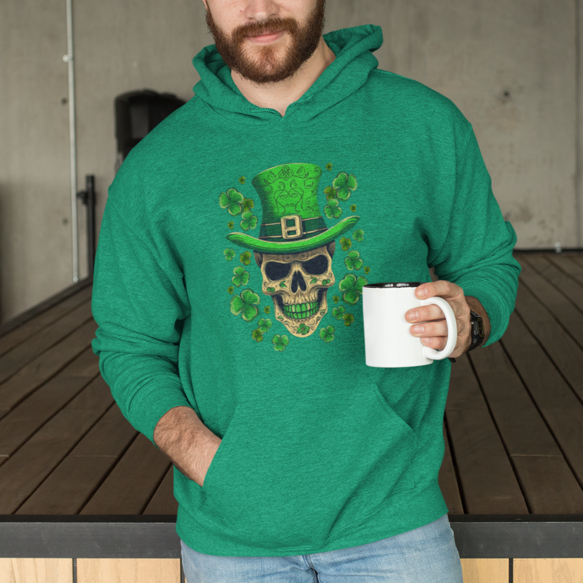 St. Patrick's Day Hoodie Irish Sugar Skull Lucky Hat Shamrocks - Wonder Print Shop