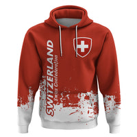 Red pullover hoodie with Swiss smudge print, hood strings, front shield and text