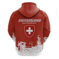 Red pullover hoodie back with SWITZERLAND text, Swiss shield logo, smudge print