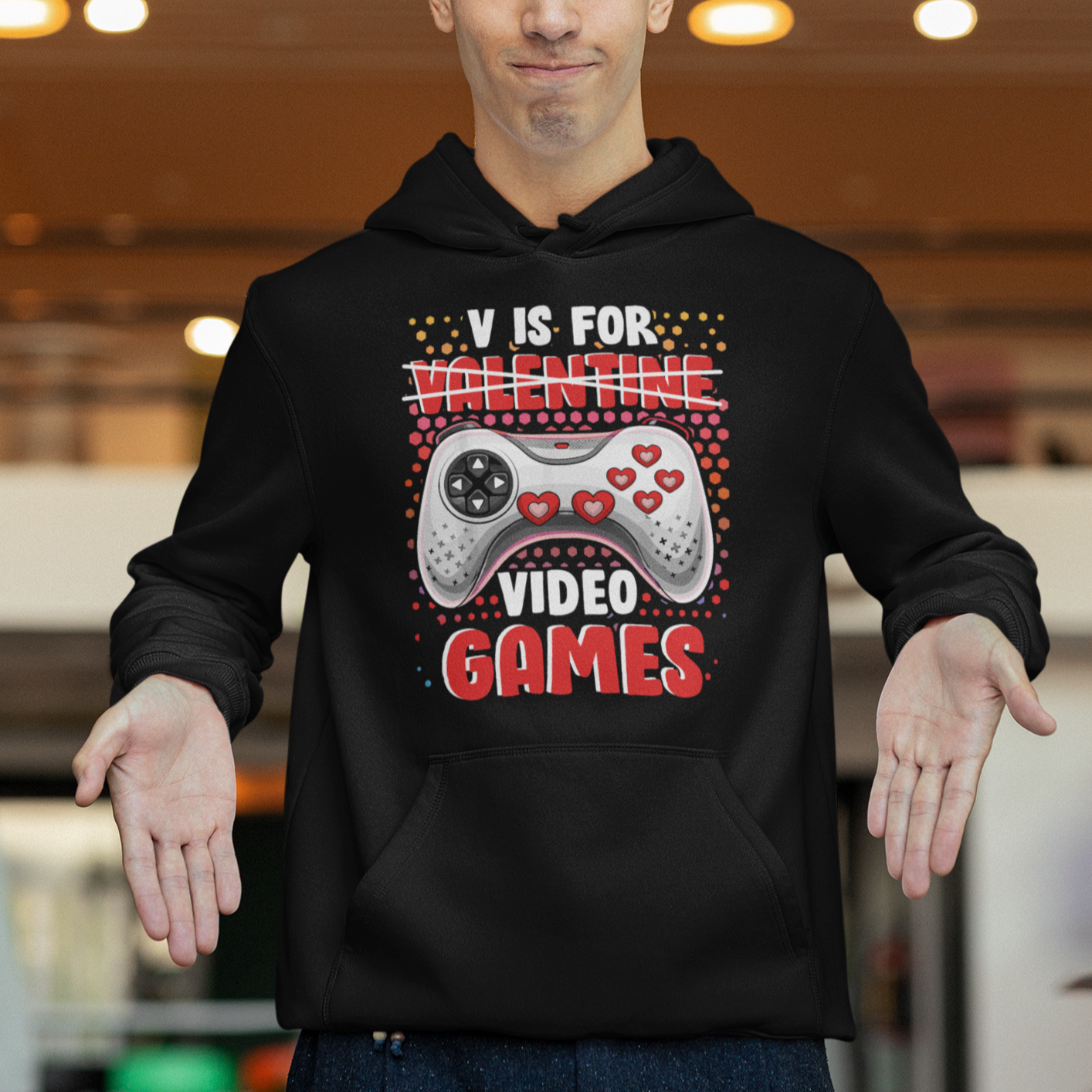 Valentine's Day Hoodie V Is For Video Games Funny Gamer Anti Romantic - Wonder Print Shop