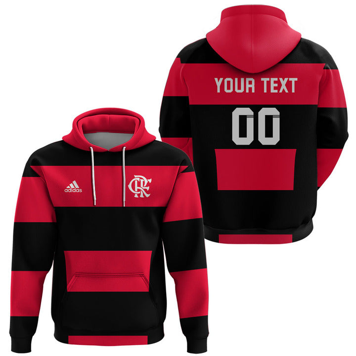 Hooded sweatshirt in red and black stripes, front and back print visible