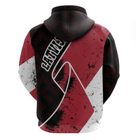 Latvia grunge hoodie back, large lettering on maroon black and white graphic, hood