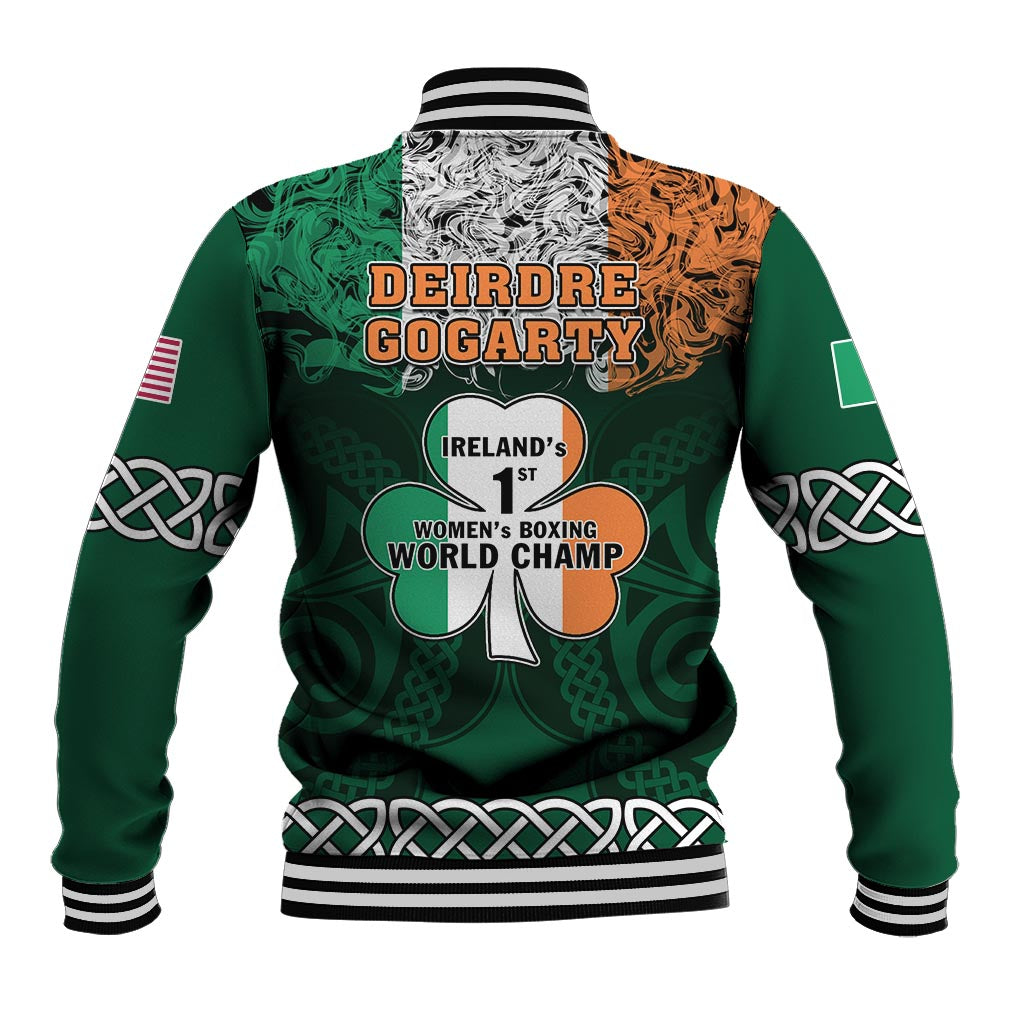 Unisex green baseball jacket with black/white ribbed collar and striped cuffs, graphic back