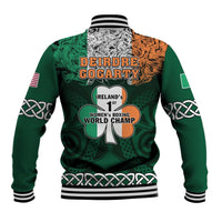 Unisex green baseball jacket with black/white ribbed collar and striped cuffs, graphic back