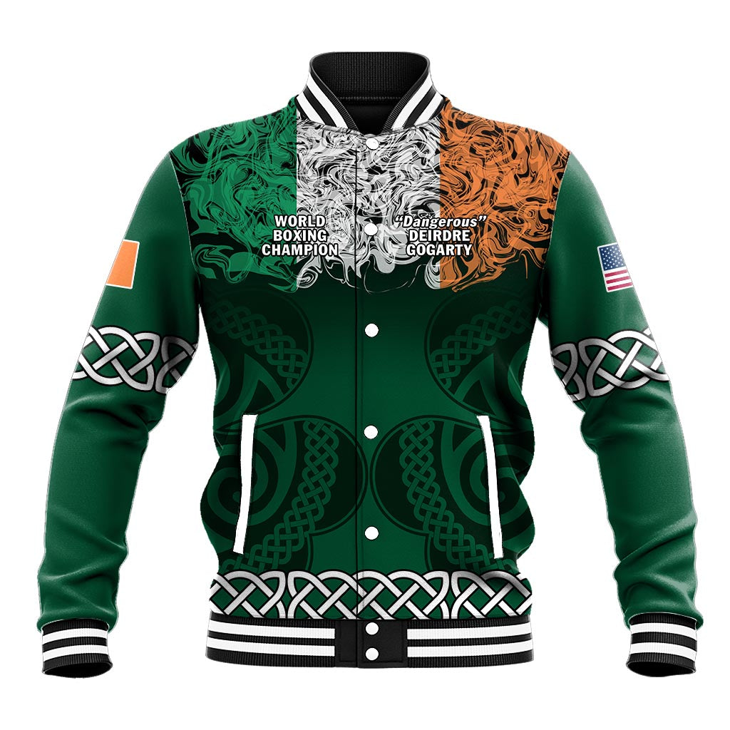 Unisex green baseball jacket with ribbed collar, striped cuffs, graphic front and button placket
