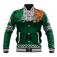 Unisex green baseball jacket with ribbed collar, striped cuffs, graphic front and button placket