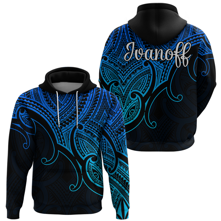 Blue and black pullover hoodie with ornate paisley graphic, long sleeves