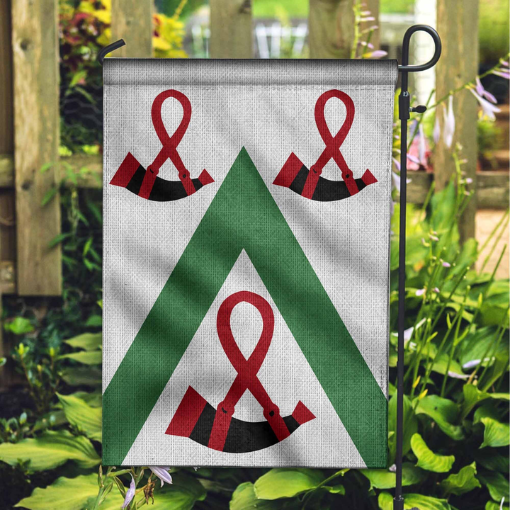 Garden flag with white fabric, green triangle, and red awareness ribbon pattern