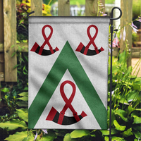 Garden flag with white fabric, green triangle, and red awareness ribbon pattern