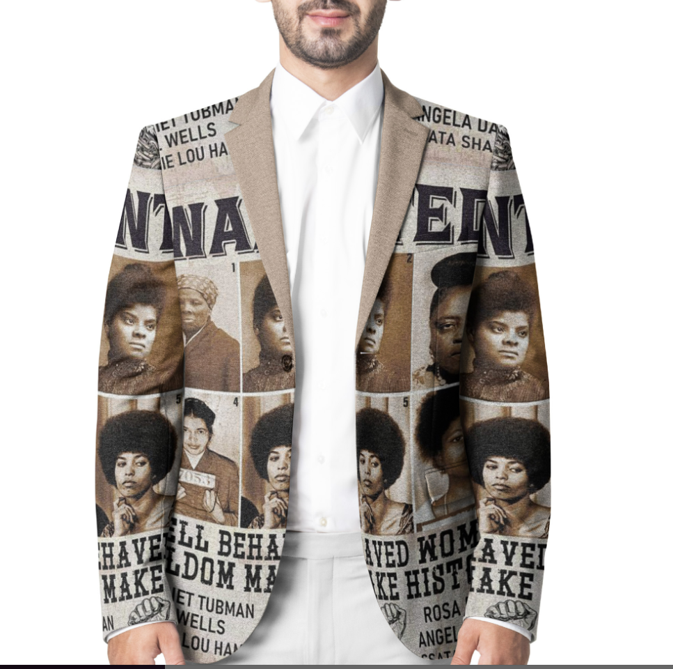 Brown blazer with collage-style portrait graphics and black trim