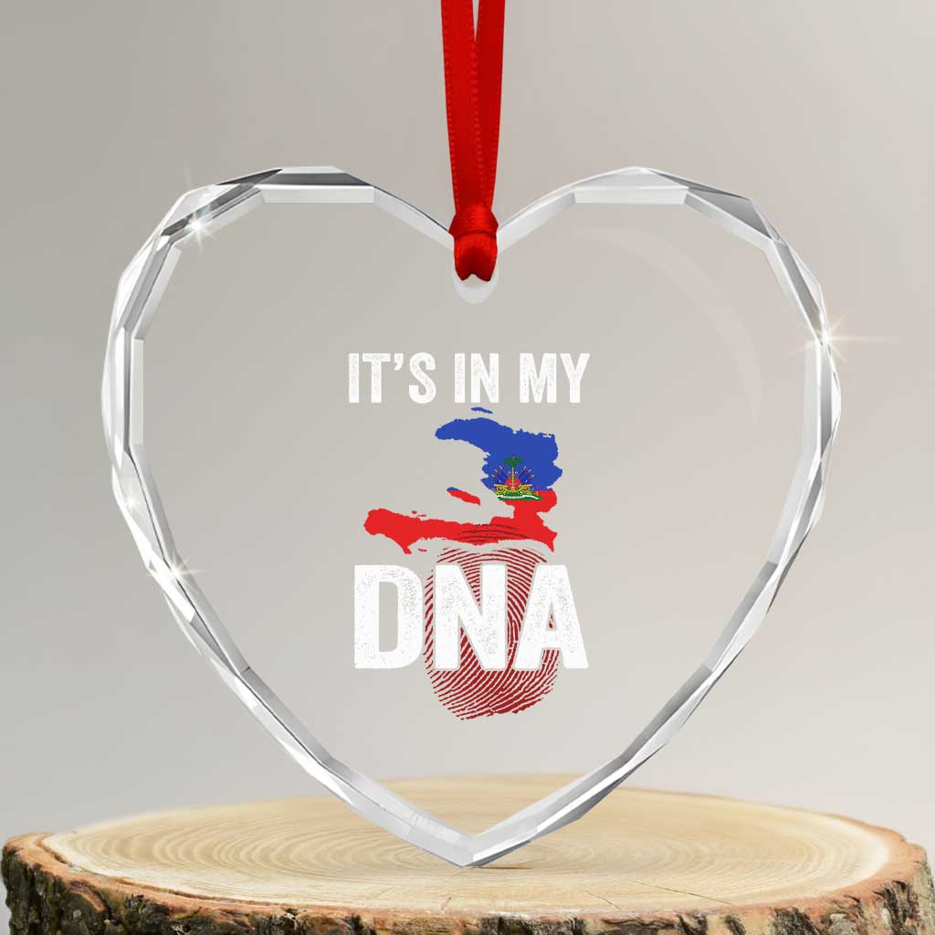 It's In My DNA Haitian Map and Fingerprint Flag Graphic Heart Crystal Glass Ornament Haiti Heritage Pride