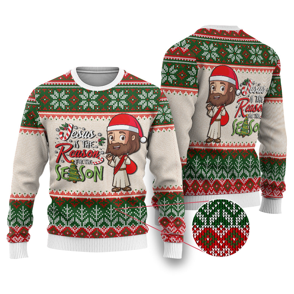 Red-and-green Christmas Jesus graphic sweatshirt with fair isle knit pattern and crew neck.