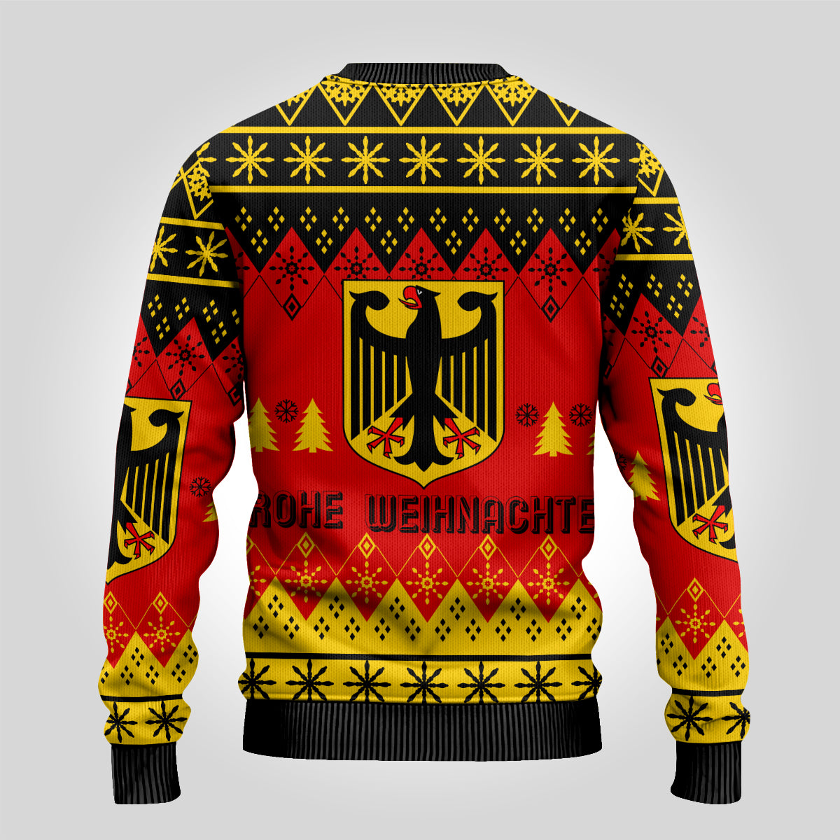 Ugly Christmas sweater, back view with eagle crest and red/black/yellow pattern