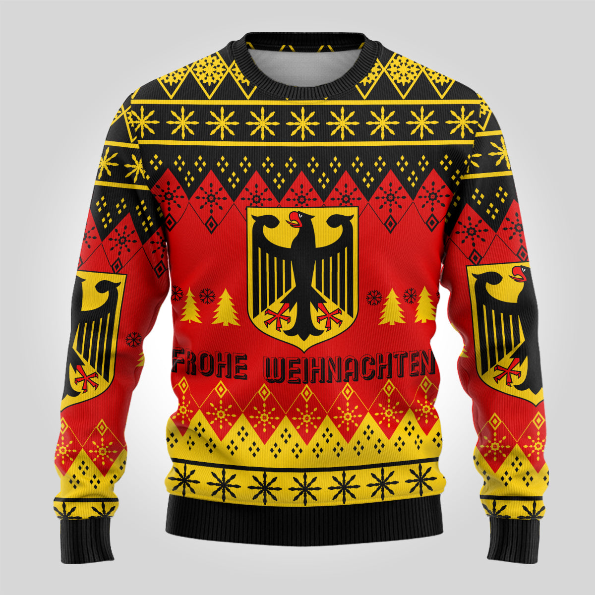 Ugly Christmas sweater, red/black/yellow with eagle crest and festive lettering