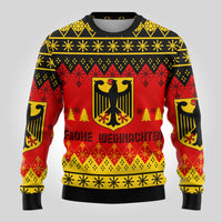 Ugly Christmas sweater, red/black/yellow with eagle crest and festive lettering