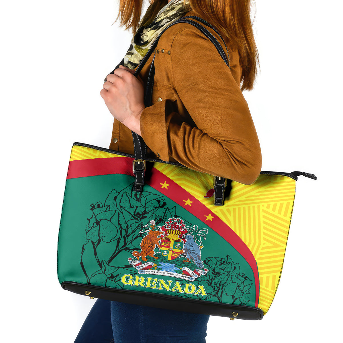 Brown leather trim zip-top tote bag with Grenada coat of arms and floral print