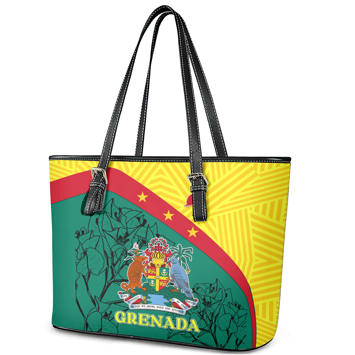Large zip-top tote bag with black leather handles and Grenada coat of arms graphic