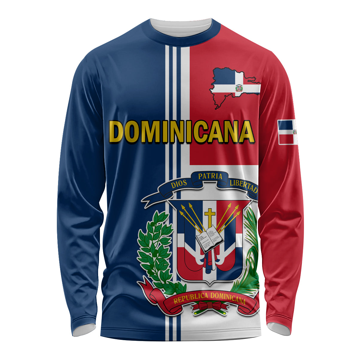 Long sleeve shirt, red and blue flag stripes, coat of arms and map graphic