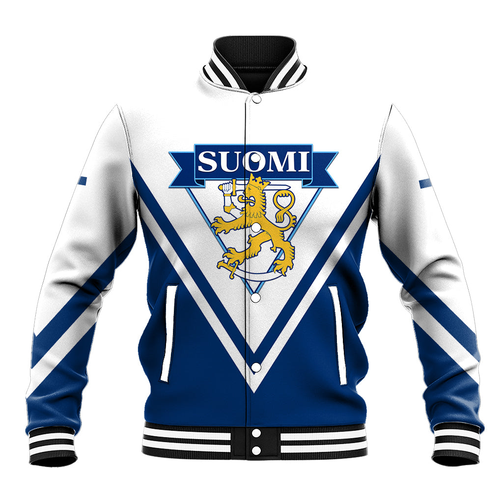 White and blue varsity-style baseball jacket with Suomi crest, striped chevrons, ribbed cuffs