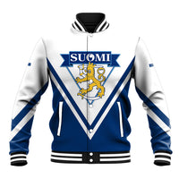 White and blue varsity-style baseball jacket with Suomi crest, striped chevrons, ribbed cuffs