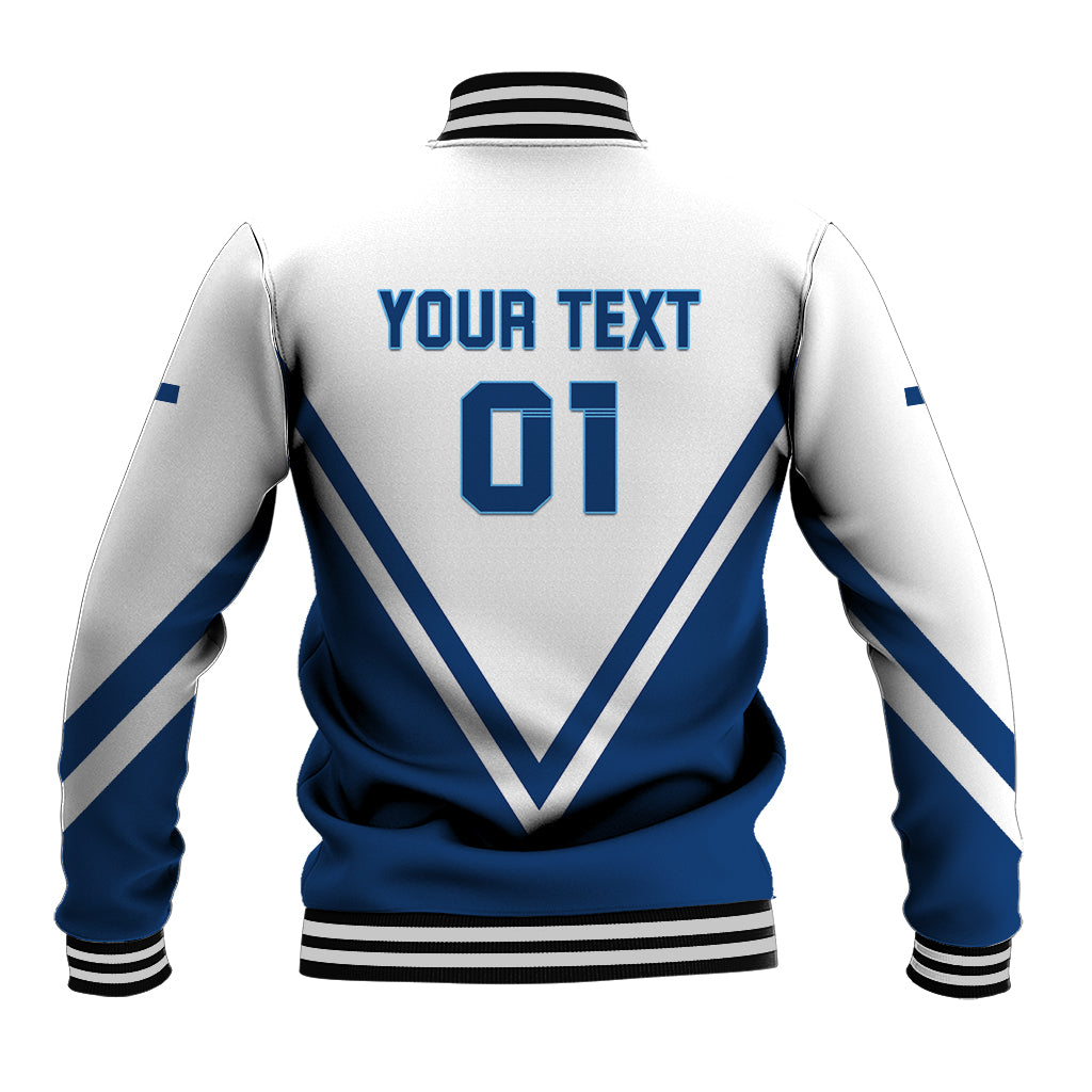 Blue-and-white baseball jacket back with YOUR TEXT 01, striped chevrons, ribbed collar