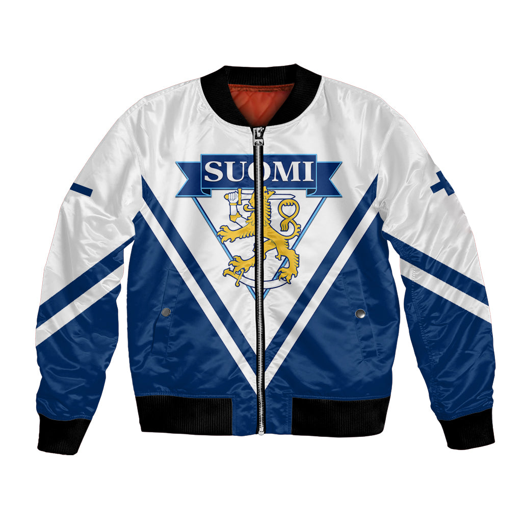 Bomber jacket with Finland crest, white/blue satin, full zipper, ribbed cuffs and hem