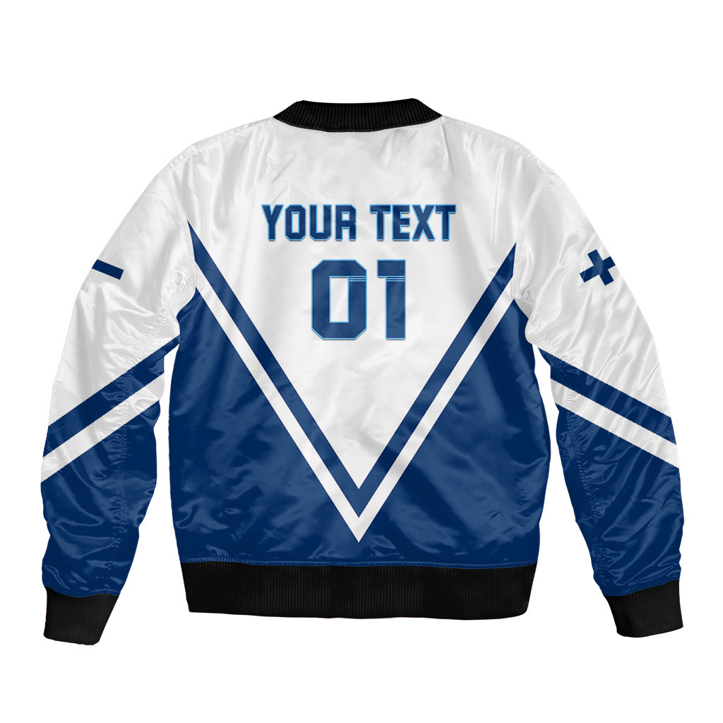 Bomber jacket back with YOUR TEXT and 01, white/blue satin, ribbed collar and hem