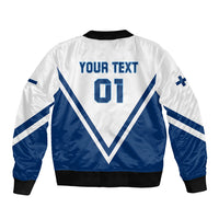 Bomber jacket back with YOUR TEXT and 01, white/blue satin, ribbed collar and hem