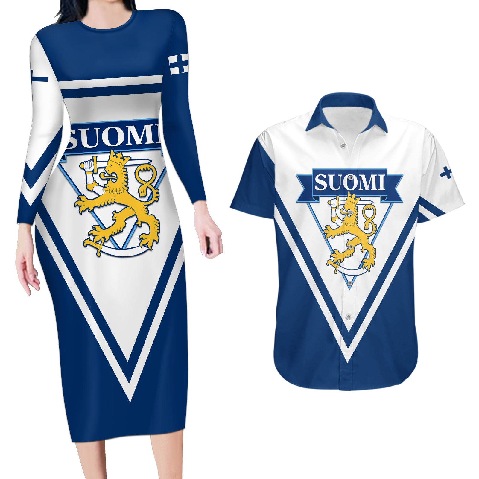 Finland Hockey 2024 Couples Matching Long Sleeve Bodycon Dress and Hawaiian Shirt Come on Leijonat - Wonder Print Shop