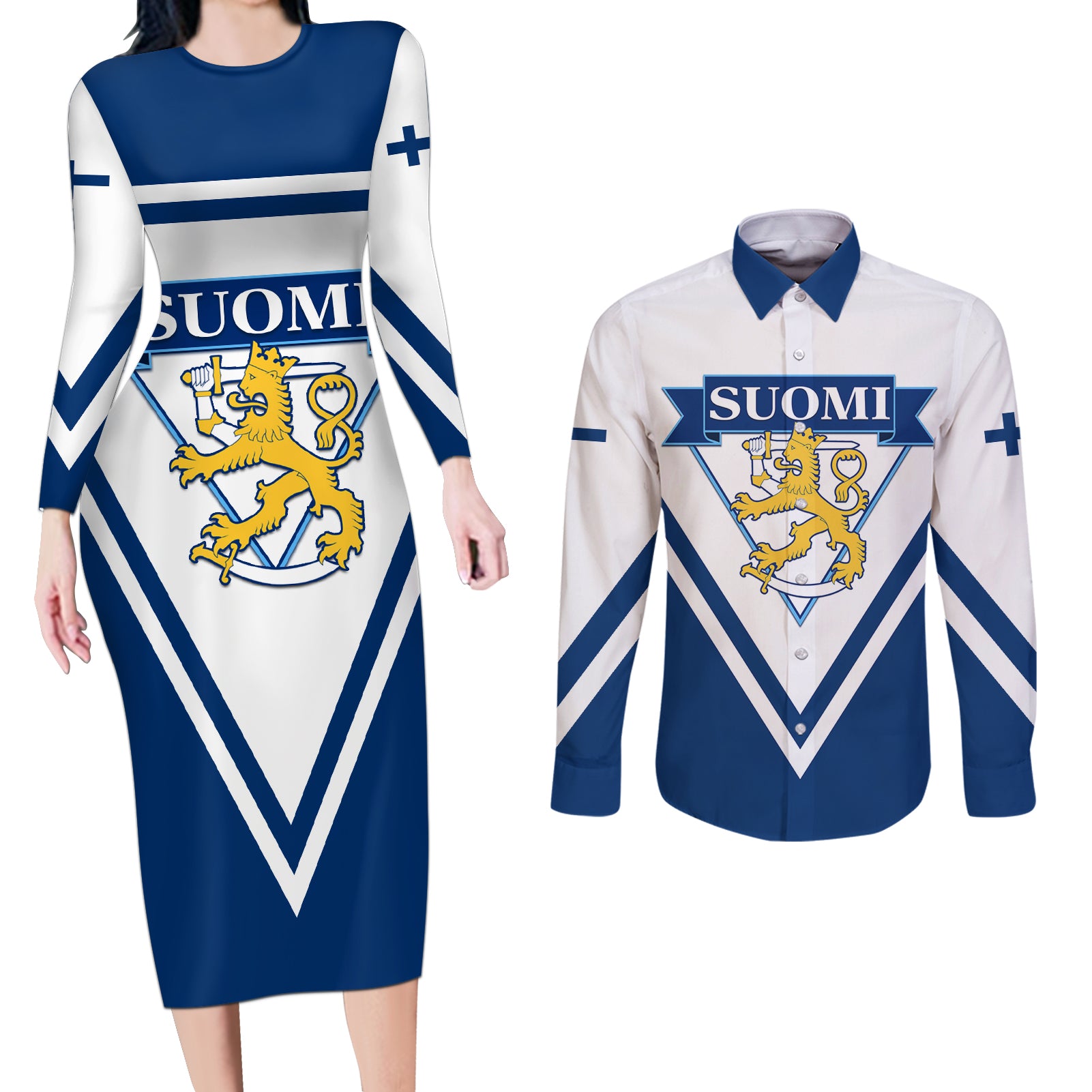 Finland Hockey 2024 Couples Matching Long Sleeve Bodycon Dress and Long Sleeve Button Shirt Come on Leijonat - Wonder Print Shop