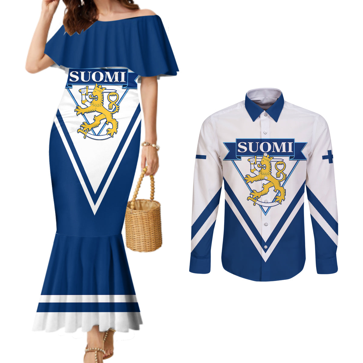 Finland Hockey 2024 Couples Matching Mermaid Dress and Long Sleeve Button Shirt Come on Leijonat