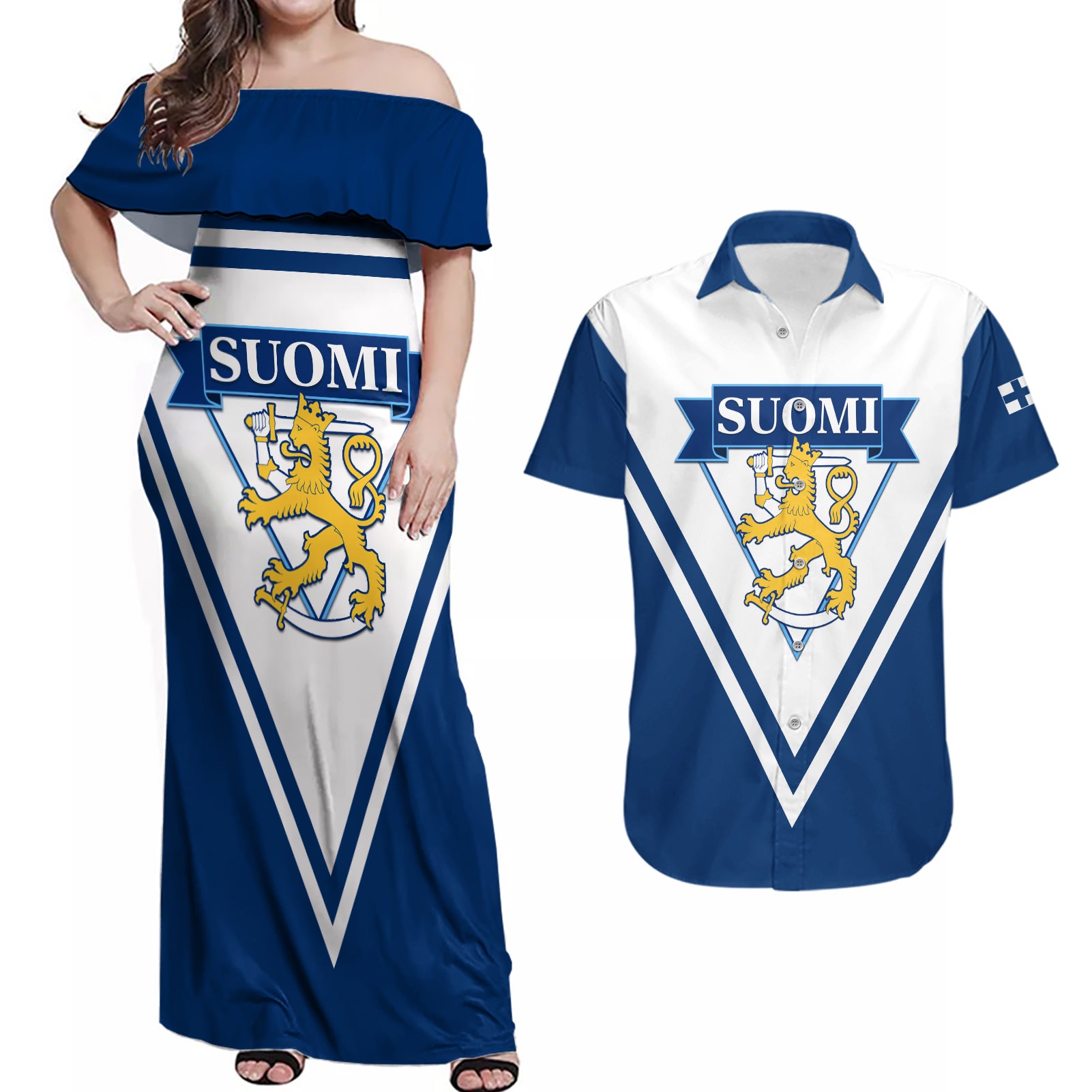 Finland Hockey 2024 Couples Matching Off Shoulder Maxi Dress and Hawaiian Shirt Come on Leijonat - Wonder Print Shop