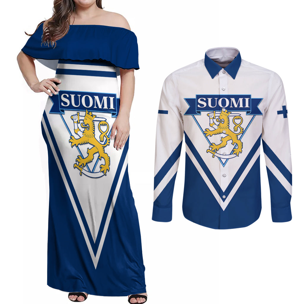 Finland Hockey 2024 Couples Matching Off Shoulder Maxi Dress and Long Sleeve Button Shirt Come on Leijonat - Wonder Print Shop