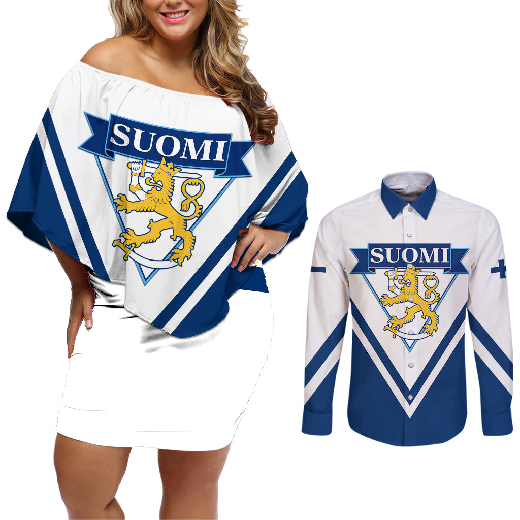 Finland Hockey 2024 Couples Matching Off Shoulder Short Dress and Long Sleeve Button Shirt Come on Leijonat - Wonder Print Shop