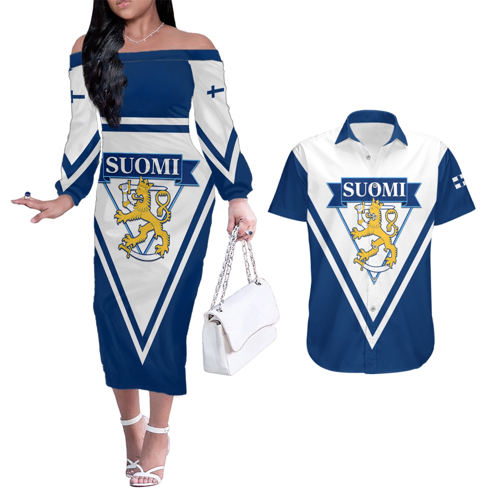 Finland Hockey 2024 Couples Matching Off The Shoulder Long Sleeve Dress and Hawaiian Shirt Come on Leijonat - Wonder Print Shop