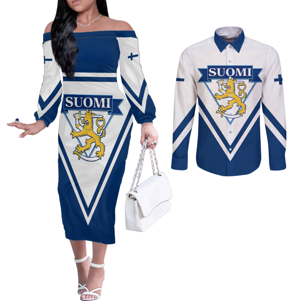 Finland Hockey 2024 Couples Matching Off The Shoulder Long Sleeve Dress and Long Sleeve Button Shirt Come on Leijonat