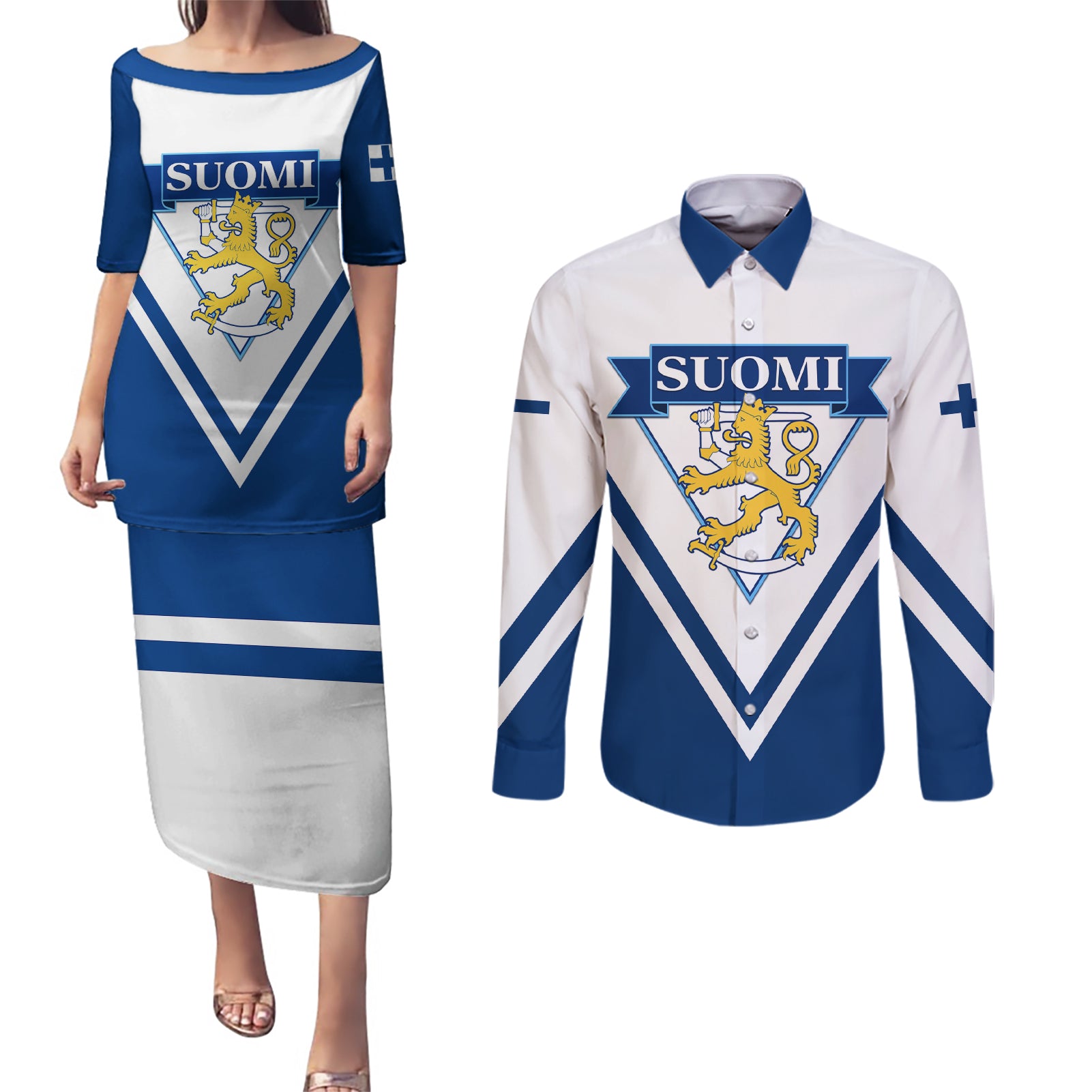 Finland Hockey 2024 Couples Matching Puletasi and Long Sleeve Button Shirt Come on Leijonat - Wonder Print Shop