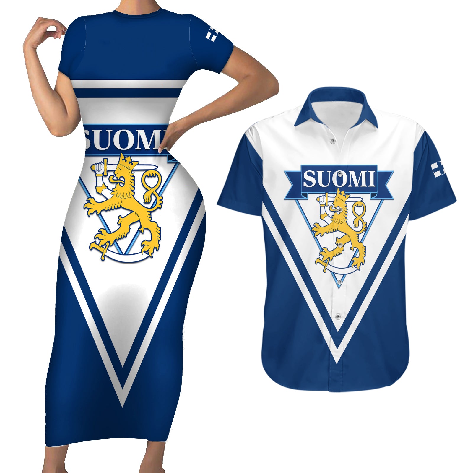 Finland Hockey 2024 Couples Matching Short Sleeve Bodycon Dress and Hawaiian Shirt Come on Leijonat - Wonder Print Shop