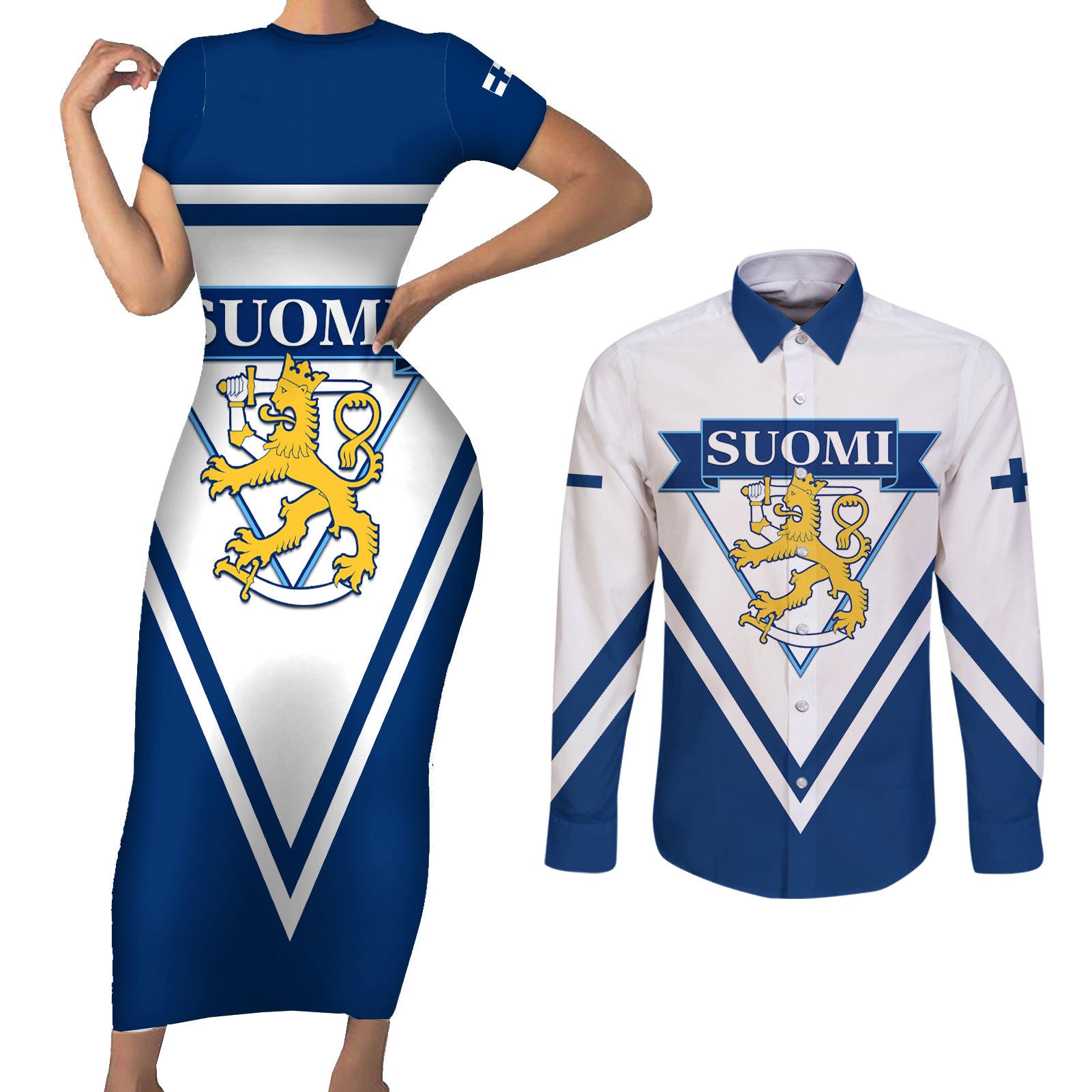 Finland Hockey 2024 Couples Matching Short Sleeve Bodycon Dress and Long Sleeve Button Shirt Come on Leijonat - Wonder Print Shop