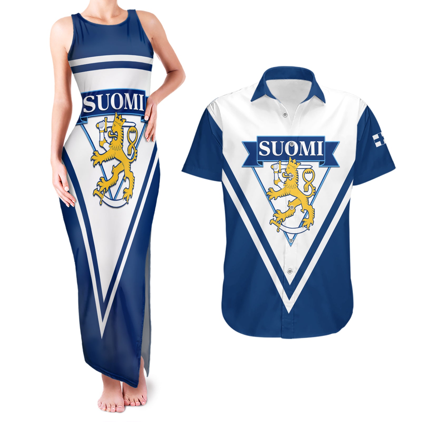 Finland Hockey 2024 Couples Matching Tank Maxi Dress and Hawaiian Shirt Come on Leijonat - Wonder Print Shop