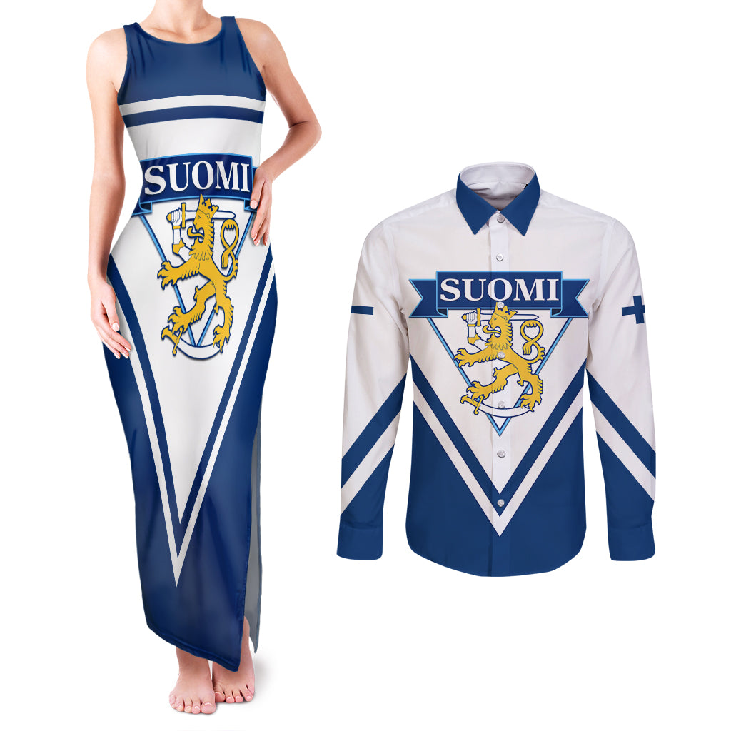 Finland Hockey 2024 Couples Matching Tank Maxi Dress and Long Sleeve Button Shirt Come on Leijonat - Wonder Print Shop