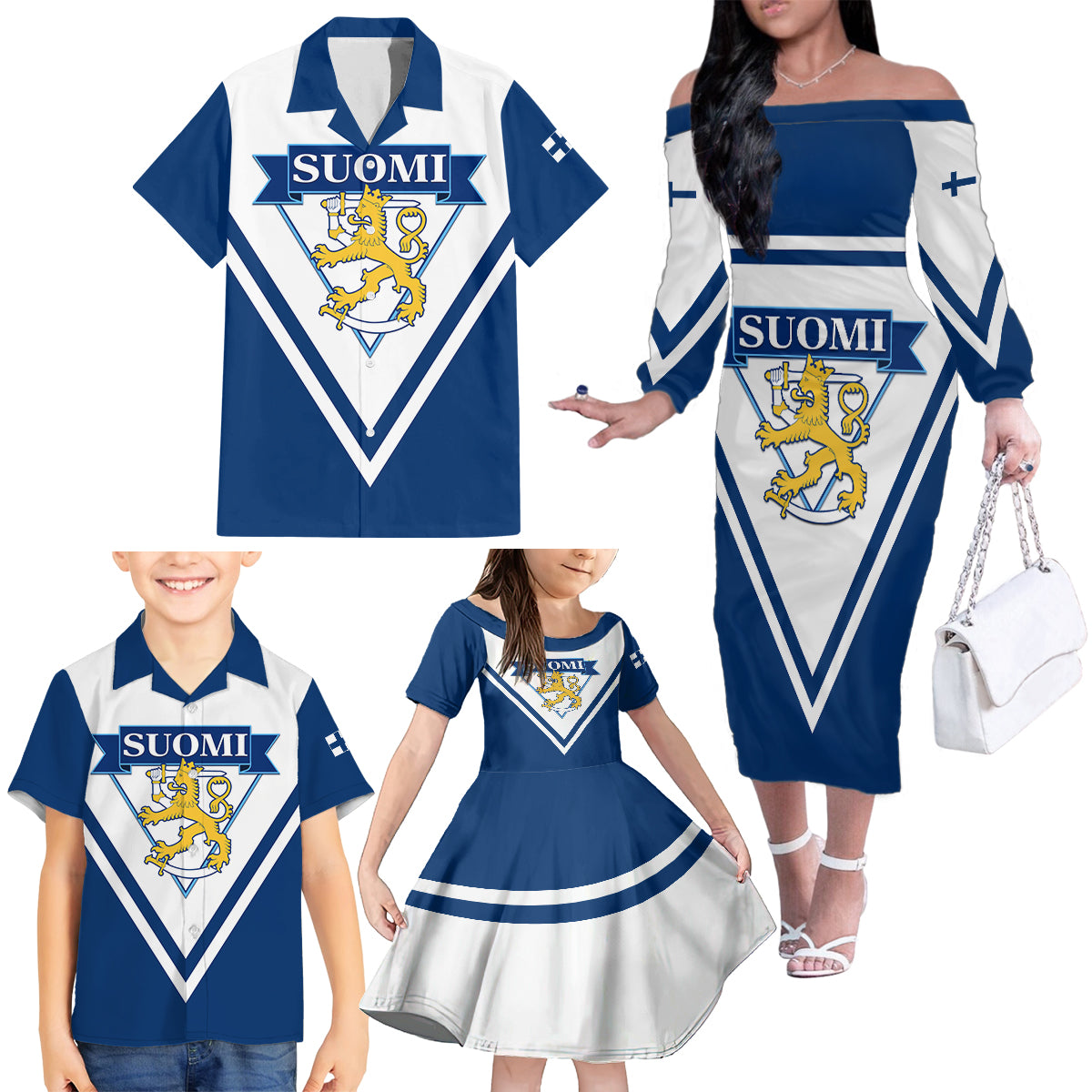 Finland Hockey 2024 Family Matching Off The Shoulder Long Sleeve Dress and Hawaiian Shirt Come on Leijonat - Wonder Print Shop