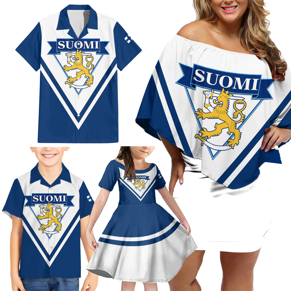 Finland Hockey 2024 Family Matching Off Shoulder Short Dress and Hawaiian Shirt Come on Leijonat - Wonder Print Shop