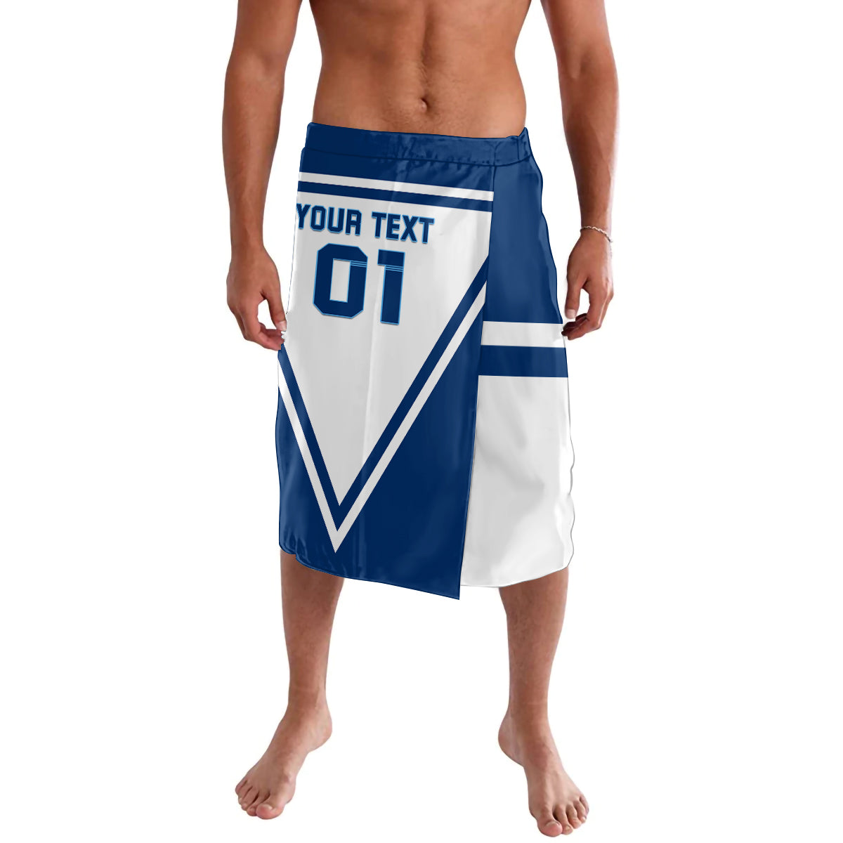 Blue and white hockey lavalava with number 01 front graphic and V stripe