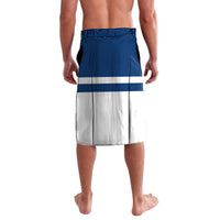 Blue and white lavalava with horizontal stripe band and draped wrap back