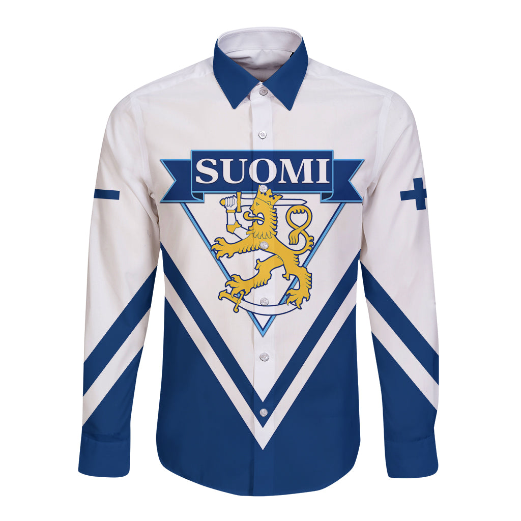 Long-sleeve button hockey shirt, white with blue collar and SUOMI lion crest