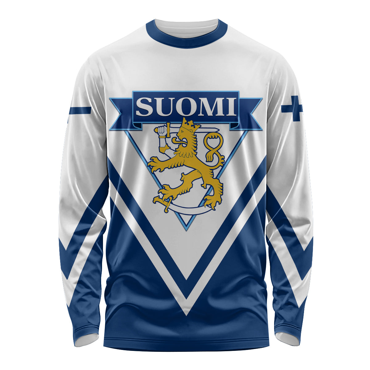 Long-sleeve hockey shirt with SUOMI crest, lion badge, blue-and-white V stripes
