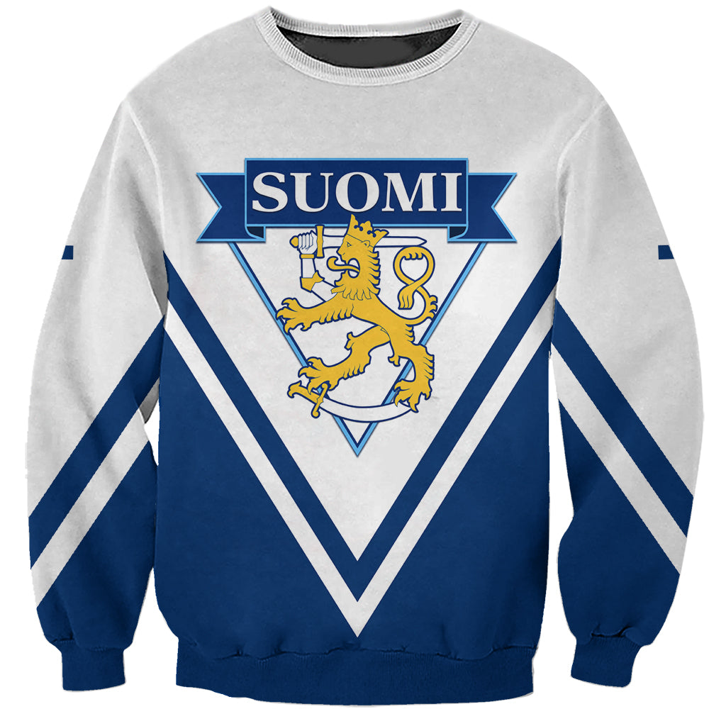 Crewneck hockey sweatshirt with blue-and-white triangular graphic on light gray front